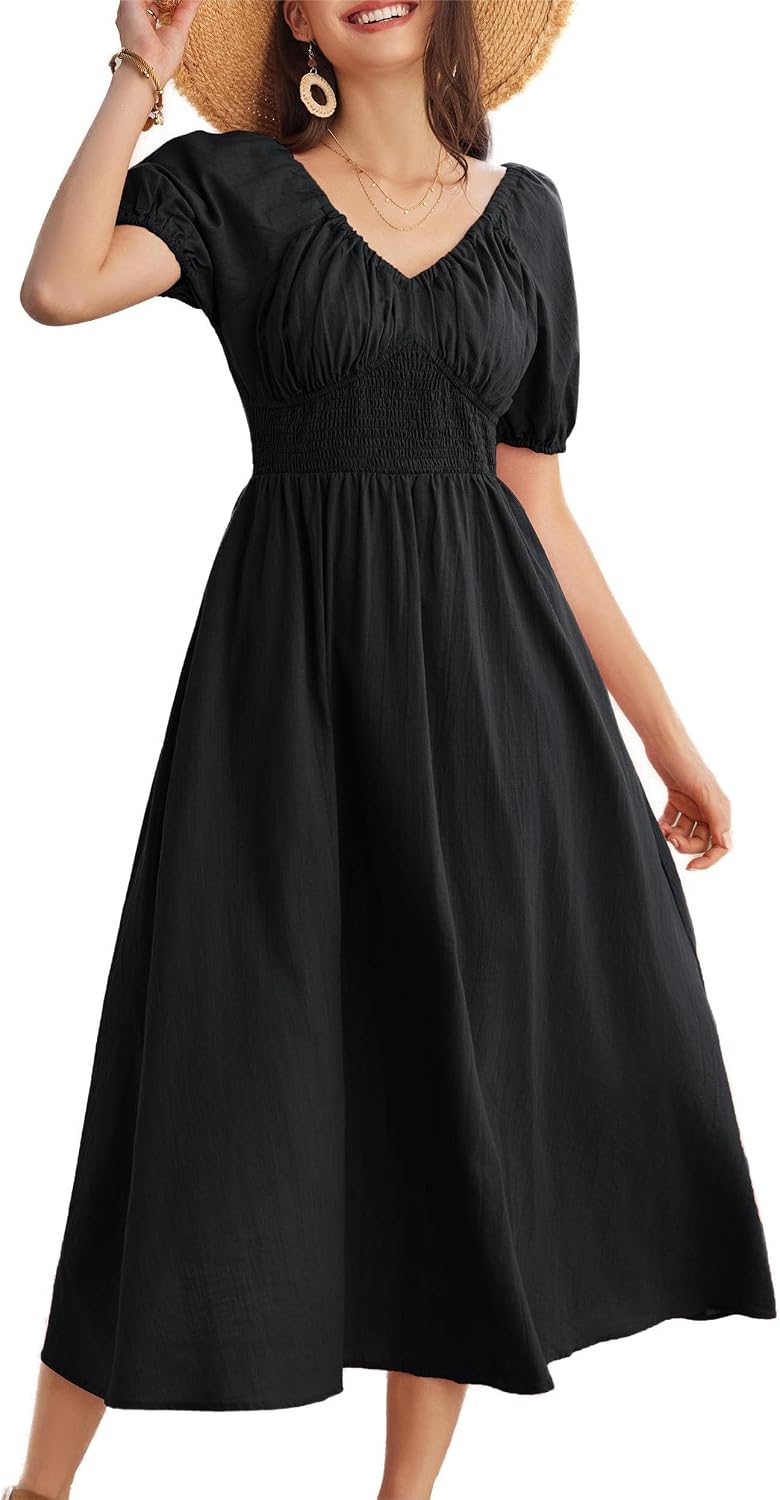 Celestia Cotton A-Line Maxi Dress – Puff Sleeve Off-Shoulder Smocked Dress