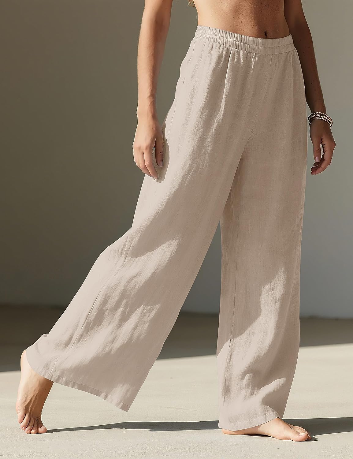 Seraphina Linen Blend Wide Leg Summer Trousers with Elastic Waist and Side Pockets