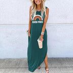 Celestia Women's Sleeveless Good Vibes Graphic Maxi Dress with Side Pockets