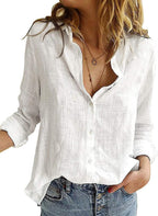 Astrid Linen Blend Roll-Up Sleeve Button-Down V-Neck Casual Women's Everyday Blouse
