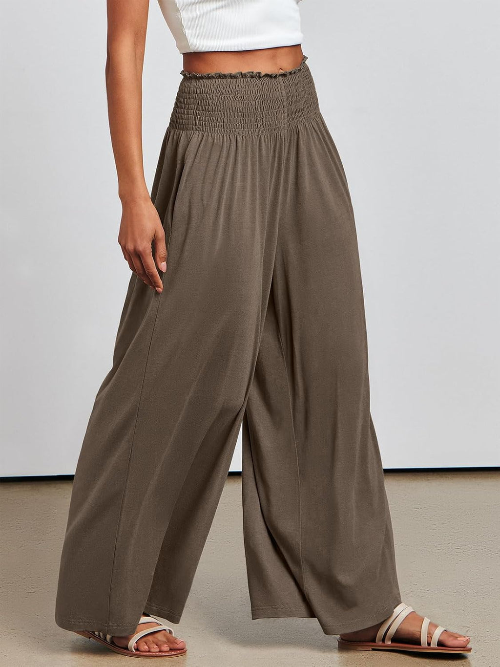 Fatima - Smocked High Waist Wide Leg Palazzo Pants with Pockets and Relaxed Fit