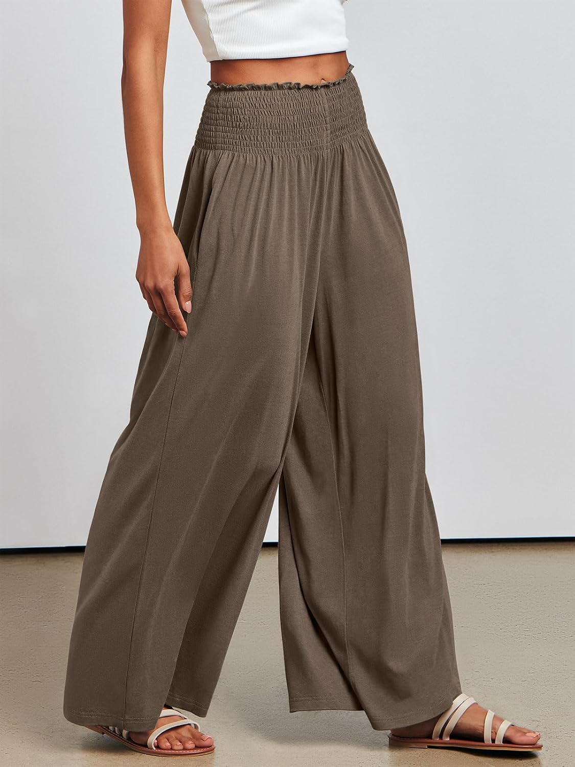 Fatima - Smocked High Waist Wide Leg Palazzo Pants with Pockets and Relaxed Fit
