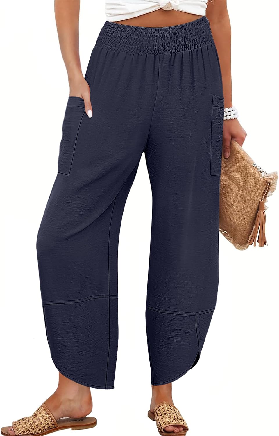 Maëlys Women's Smocked Waist Barrel Leg Cropped Pants with Utility Pockets