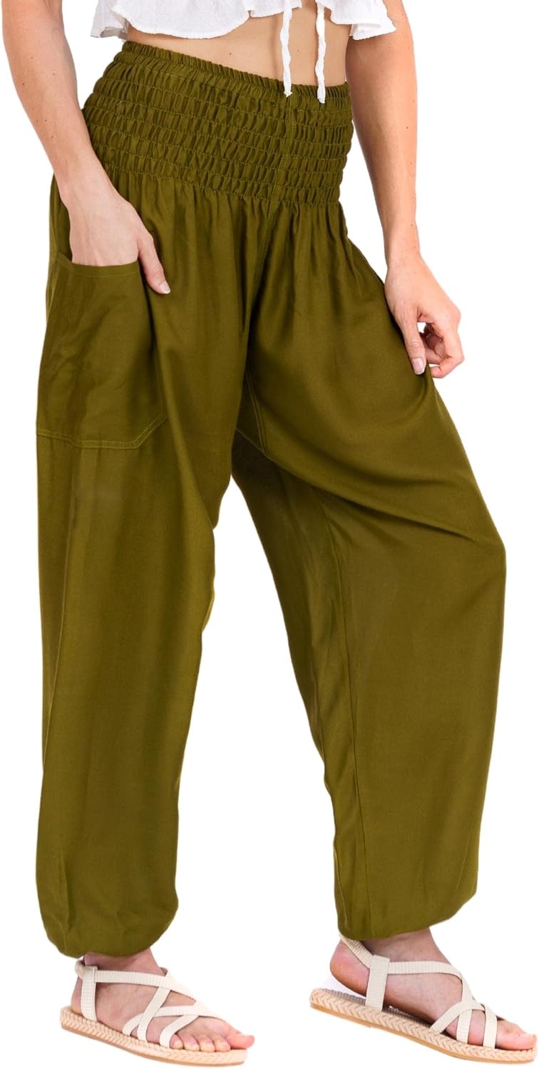 Kaori Smocked Waist Harem Pants with Relaxed Wide Leg Fit and Side Pocket Comfort