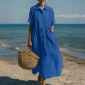 Emelina Cotton Linen Blend Button Front Maxi Dress with Short Sleeves and Pockets