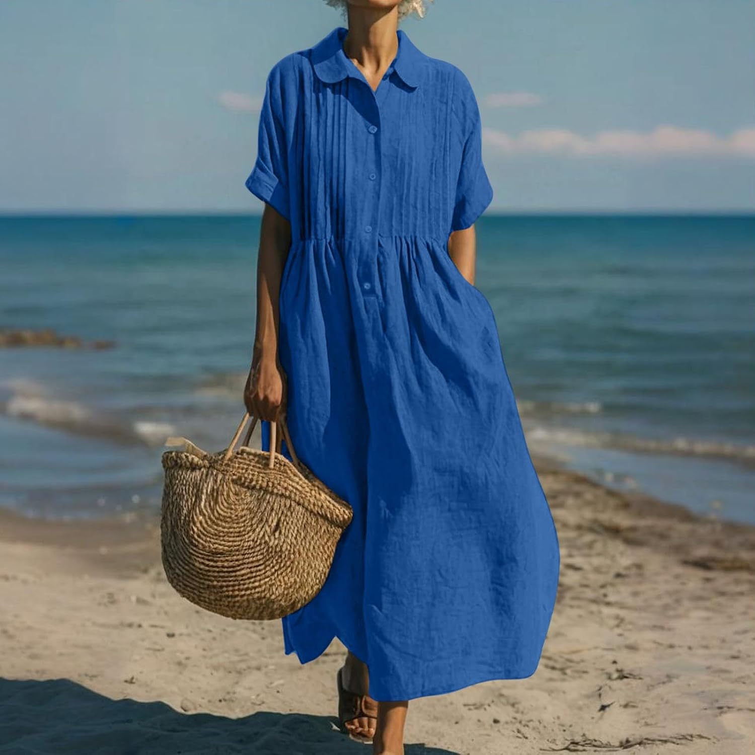 Emelina Cotton Linen Blend Button Front Maxi Dress with Short Sleeves and Pockets