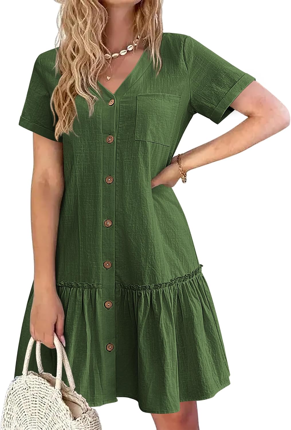 Celestine Cotton Linen Button Front Mini Dress with V-Neck, Ruffle Hem and Pocket