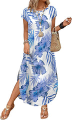Althea Floral Cap Sleeve Maxi Dress with Pockets, Crew Neck & Relaxed Summer Fit
