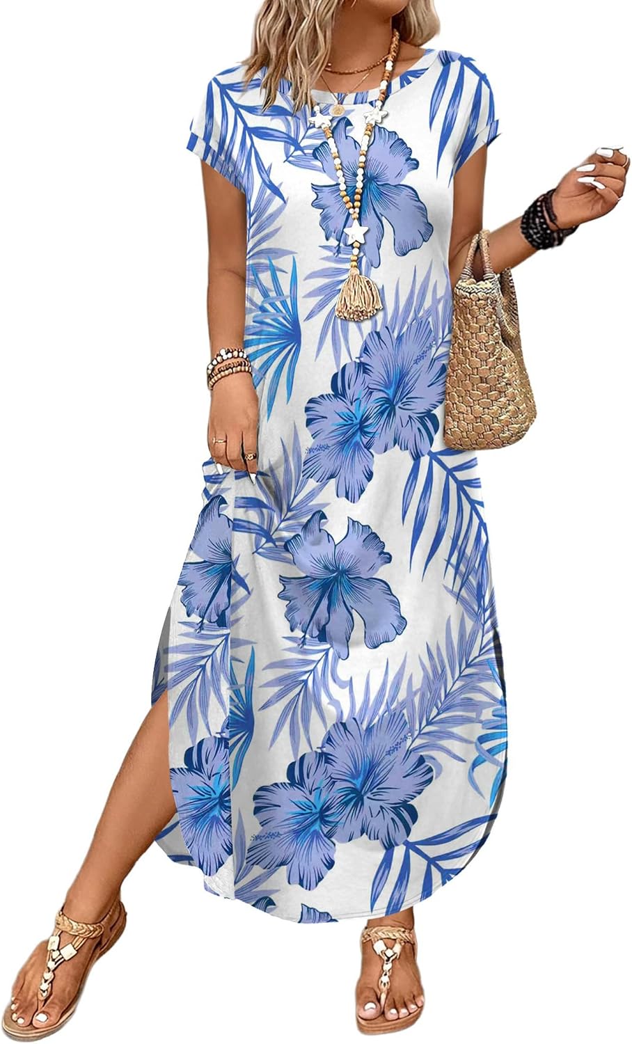 Althea Floral Cap Sleeve Maxi Dress with Pockets, Crew Neck & Relaxed Summer Fit