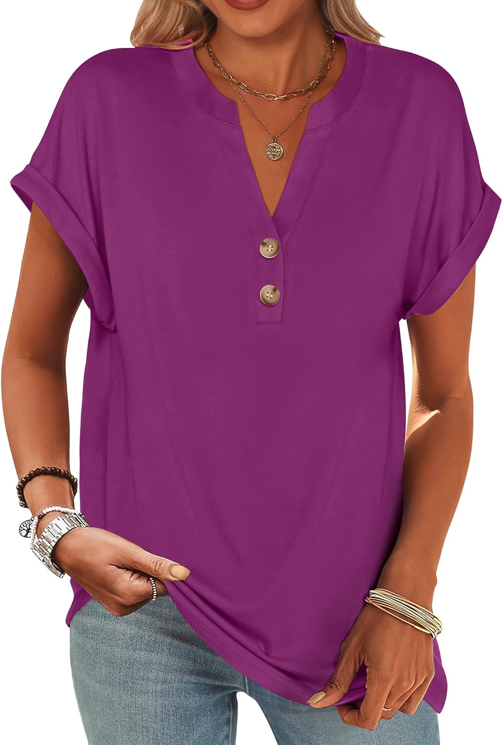 Colette Women's Henley V-Neck Tunic Top with Short Sleeves & Button Detail