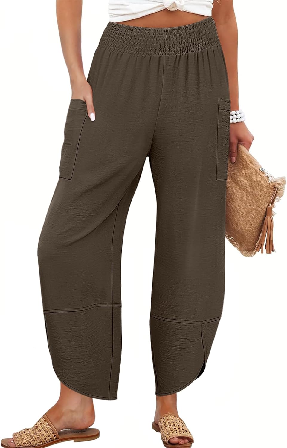 Maëlys Women's Smocked Waist Barrel Leg Cropped Pants with Utility Pockets