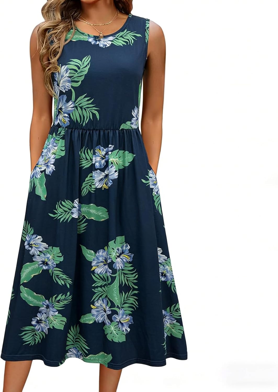 Evangeline Women's Sleeveless Botanical Print A-Line Midi Dress with Pockets