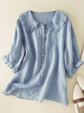 Genevieve Women's Cotton Linen Blouse – Relaxed Fit Shirt with Ruffled Peter Pan Collar