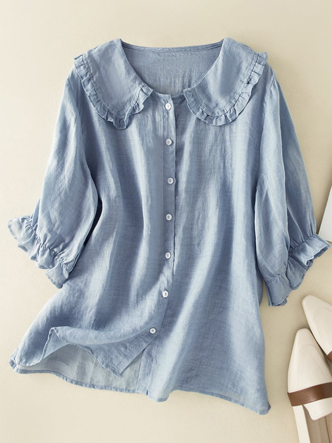 Genevieve Women's Cotton Linen Blouse – Relaxed Fit Shirt with Ruffled Peter Pan Collar