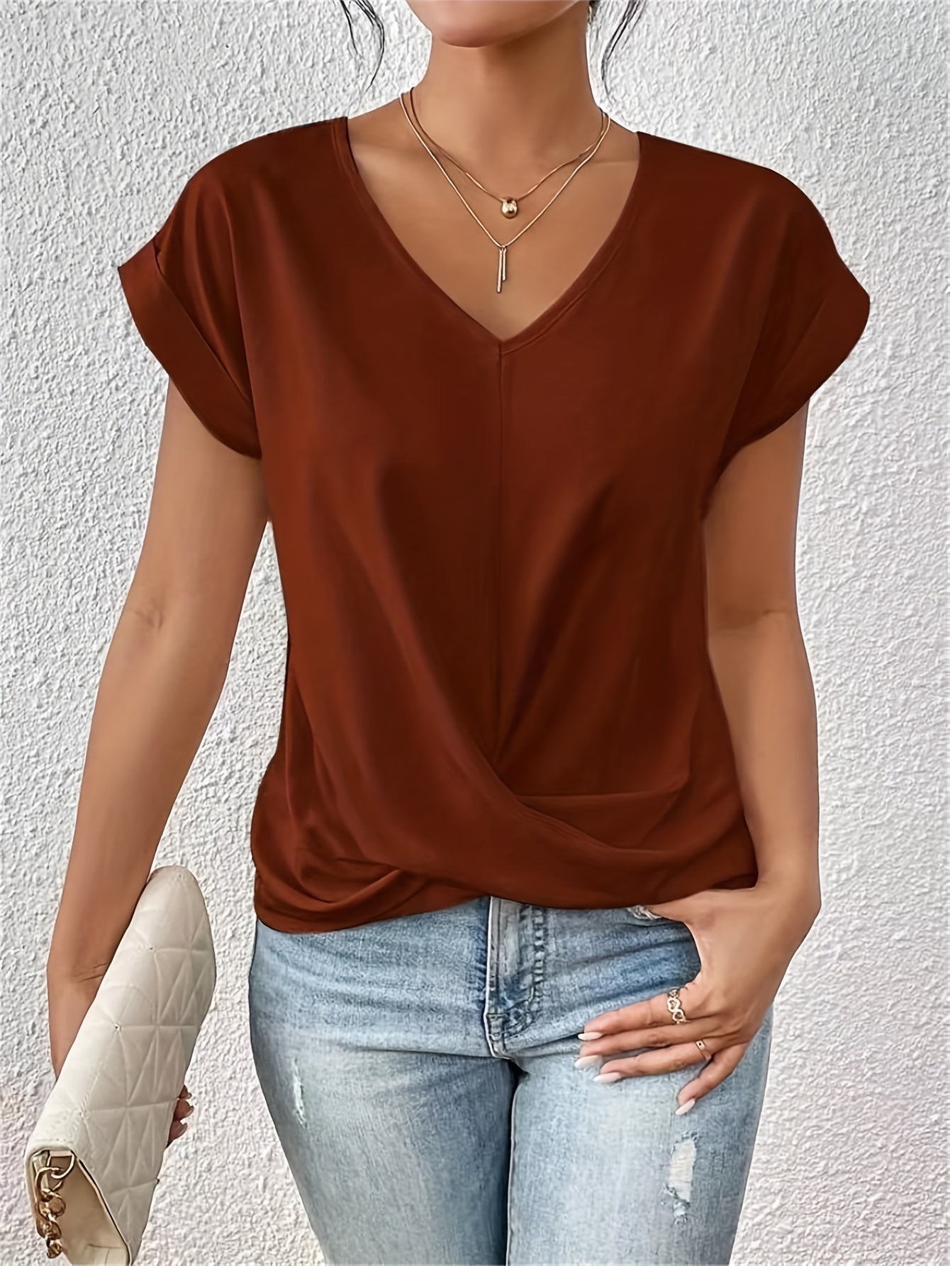 Elina Women's V-Neck Top – Elegant Draped Blouse with Knot Detail