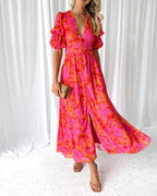 Eliana Women's V-Neck Midi Dress – Elegant Puff Sleeve Dress with Flowy Feminine Silhouette