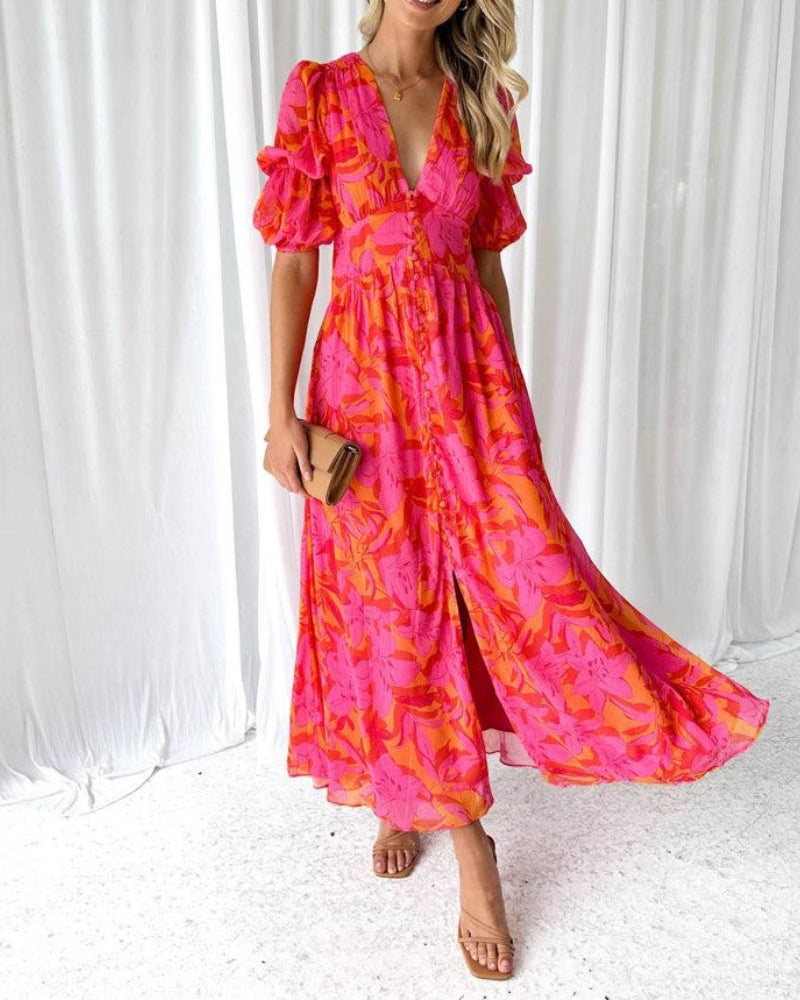 Dorothy Women’s V-Neck Dress – Elegant Flowy Dress with Puff Sleeves in Rose Pink