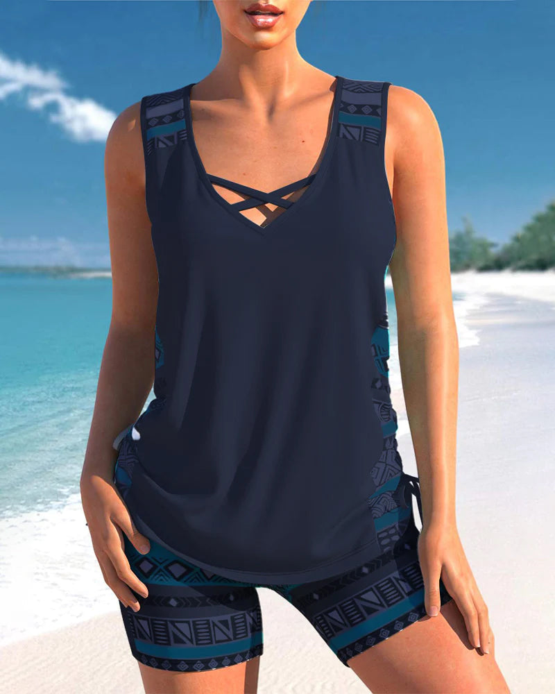 Marisol Women's Geometric Tankini Set – Full Coverage Square Neck Swimwear with Matching Shorts