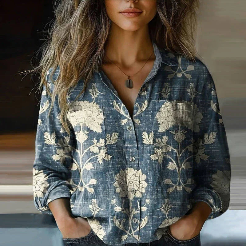 Hazel Women's Vintage Print Blouse – Relaxed Button-Up Shirt with Ethnic Pattern & Long Sleeves