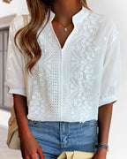 Barnaby Women's Blouse – V-Neckline Top with Puff Sleeves, Cotton-Blend Fabric & Patchwork Accents