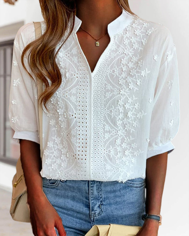 Barnaby Women's Blouse – V-Neckline Top with Puff Sleeves, Cotton-Blend Fabric & Patchwork Accents