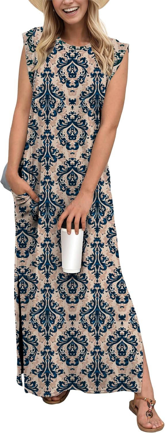 Coralie Women's Sleeveless Maxi Dress with Side Slit, Pockets & Wrinkle-Resistant Fabric