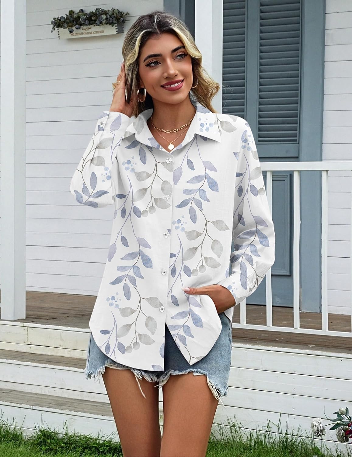 Nadia - Printed Cotton Button Down Long Sleeve Collared Shirt for Women Casual Blouse
