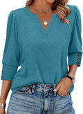 Doreen Women's V-Neckline Blouse – 3/4 Puff Sleeves, Button Cuffs & Curved Hem