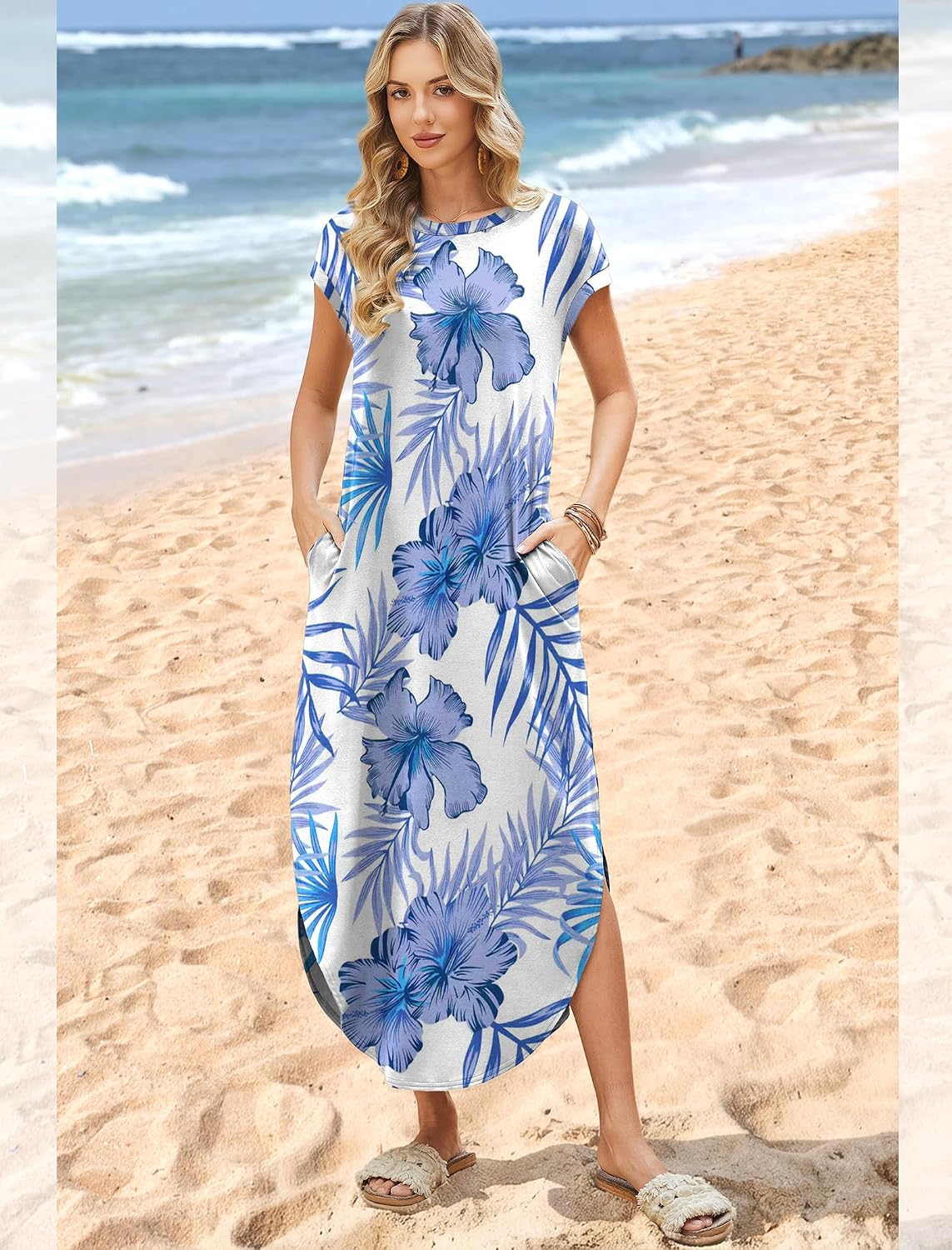 Aveline Women's Cap Sleeve Maxi Dress with Crew Neck, Side Pockets & Flowy Silhouette