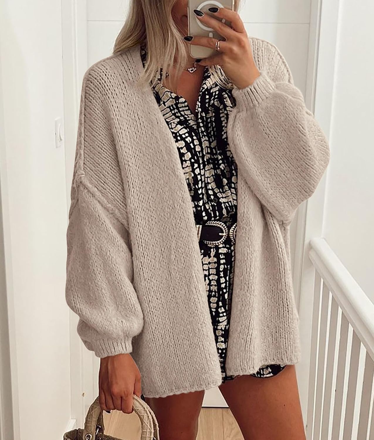 Sabrina - Oversized Open Front Chunky Knit Cardigan with Lantern Sleeves for Women