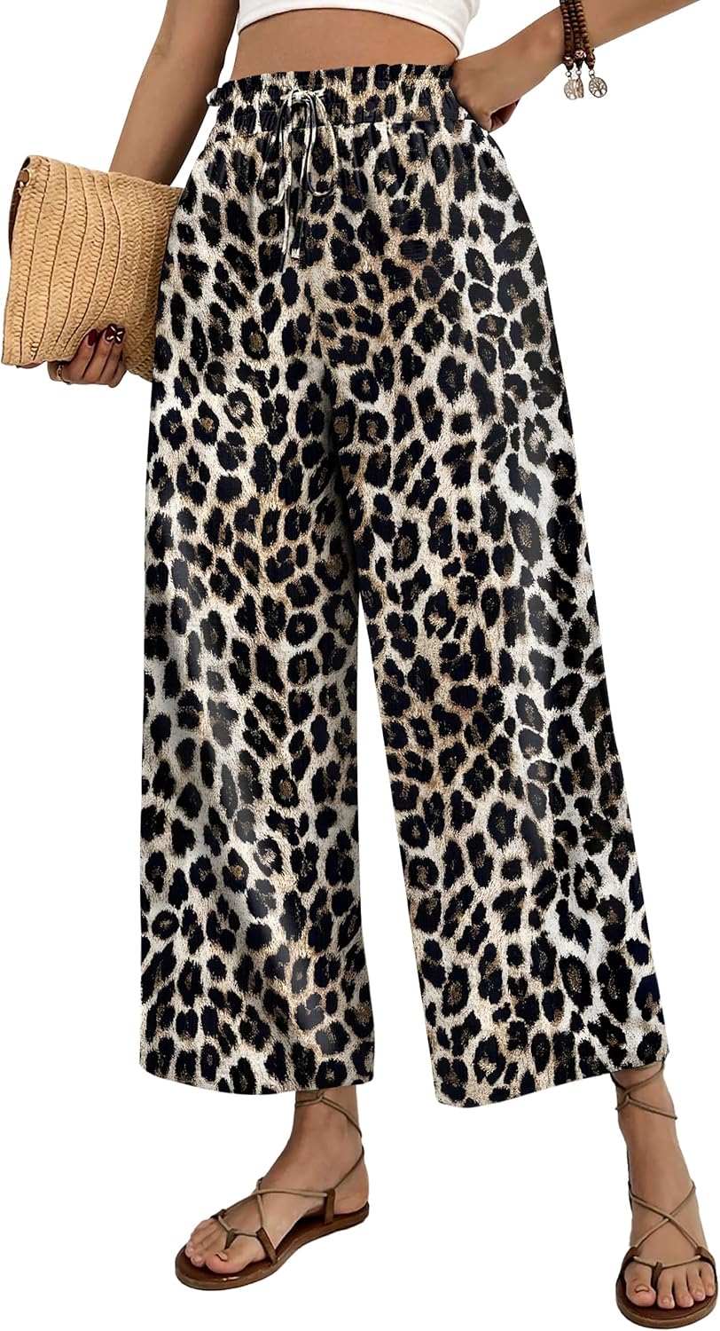 Dahlia - Leopard Print Wide Leg Palazzo Pants with Drawstring Waist and Pockets