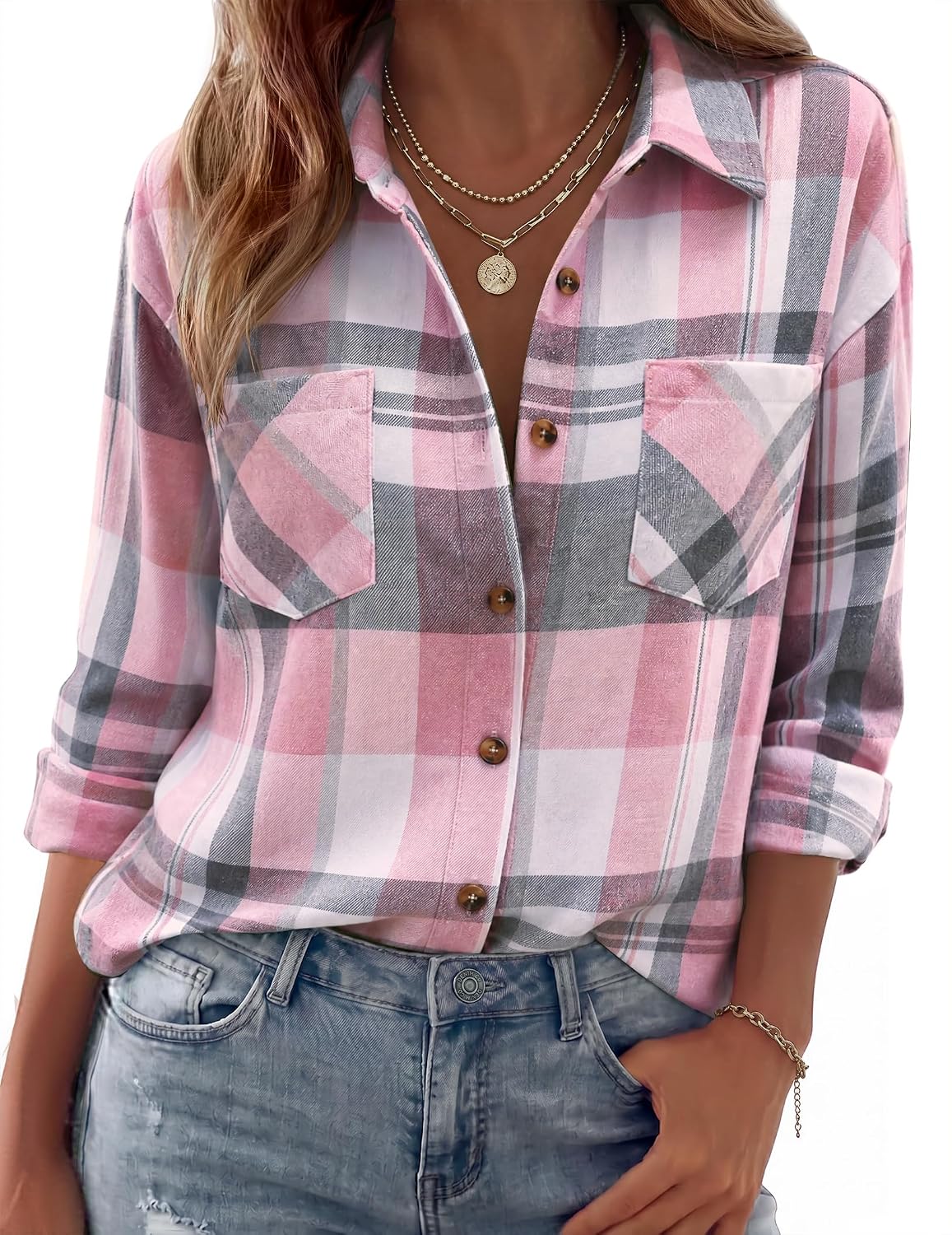 Yvonne Women's Plaid Flannel Shirt – Loose Silhouette, Front Handy Chest Pockets & Button-Up Front