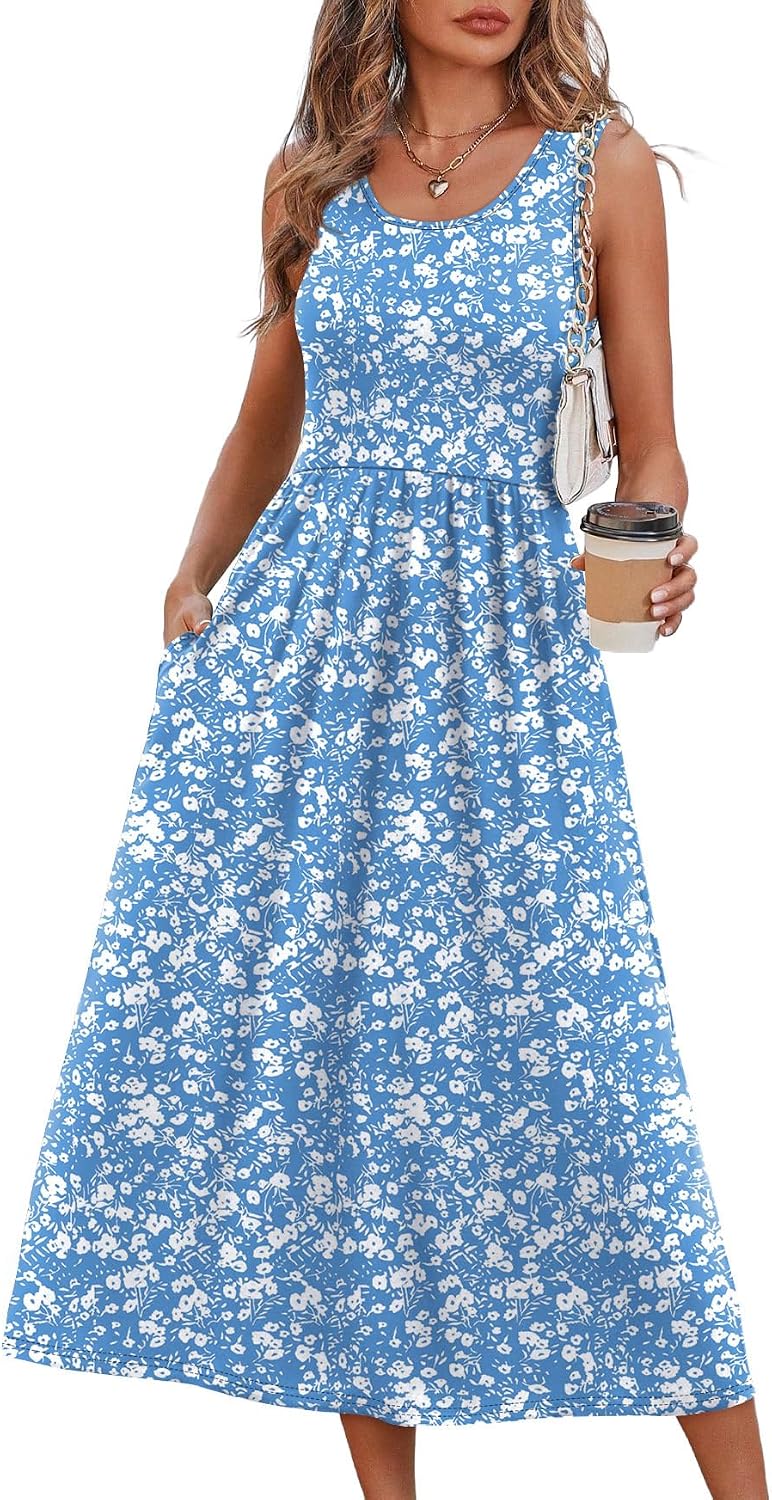 Kianna Printed Sleeveless A-Line Midi Dress with Empire Waist, Pockets & Summer Fit