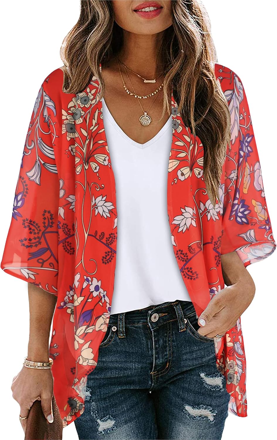 Giselle - Floral Chiffon Open Front Kimono Cardigan Beach Cover Up for Women