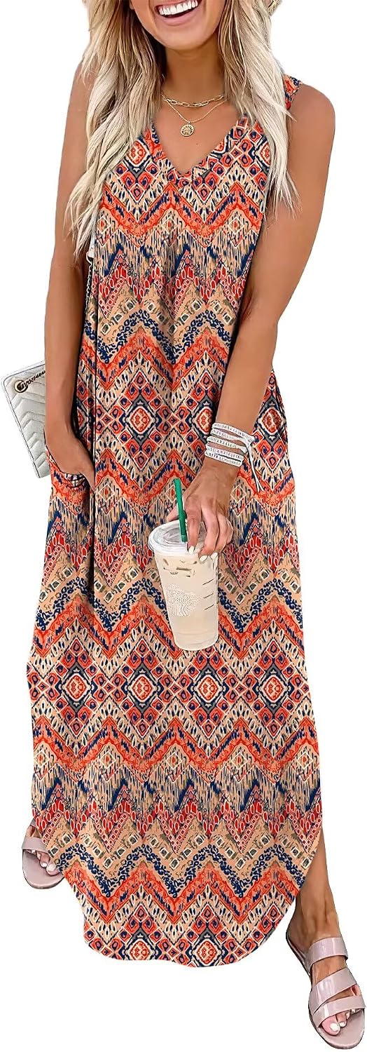 Ariella Women's Tropical Leaf Print Sleeveless Maxi Dress with V-Neck, Side Slit & Pockets