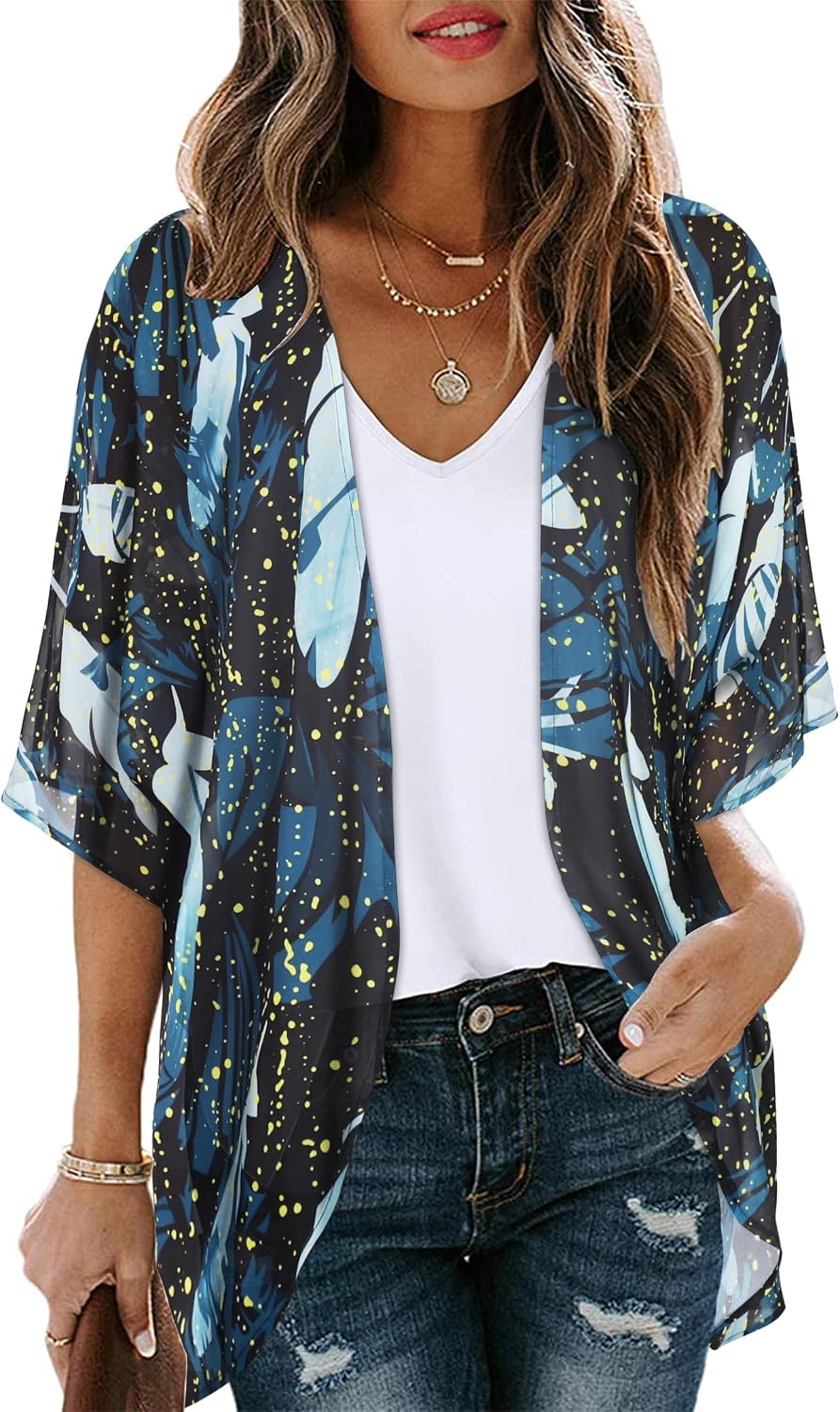 Giselle - Floral Chiffon Open Front Kimono Cardigan Beach Cover Up for Women