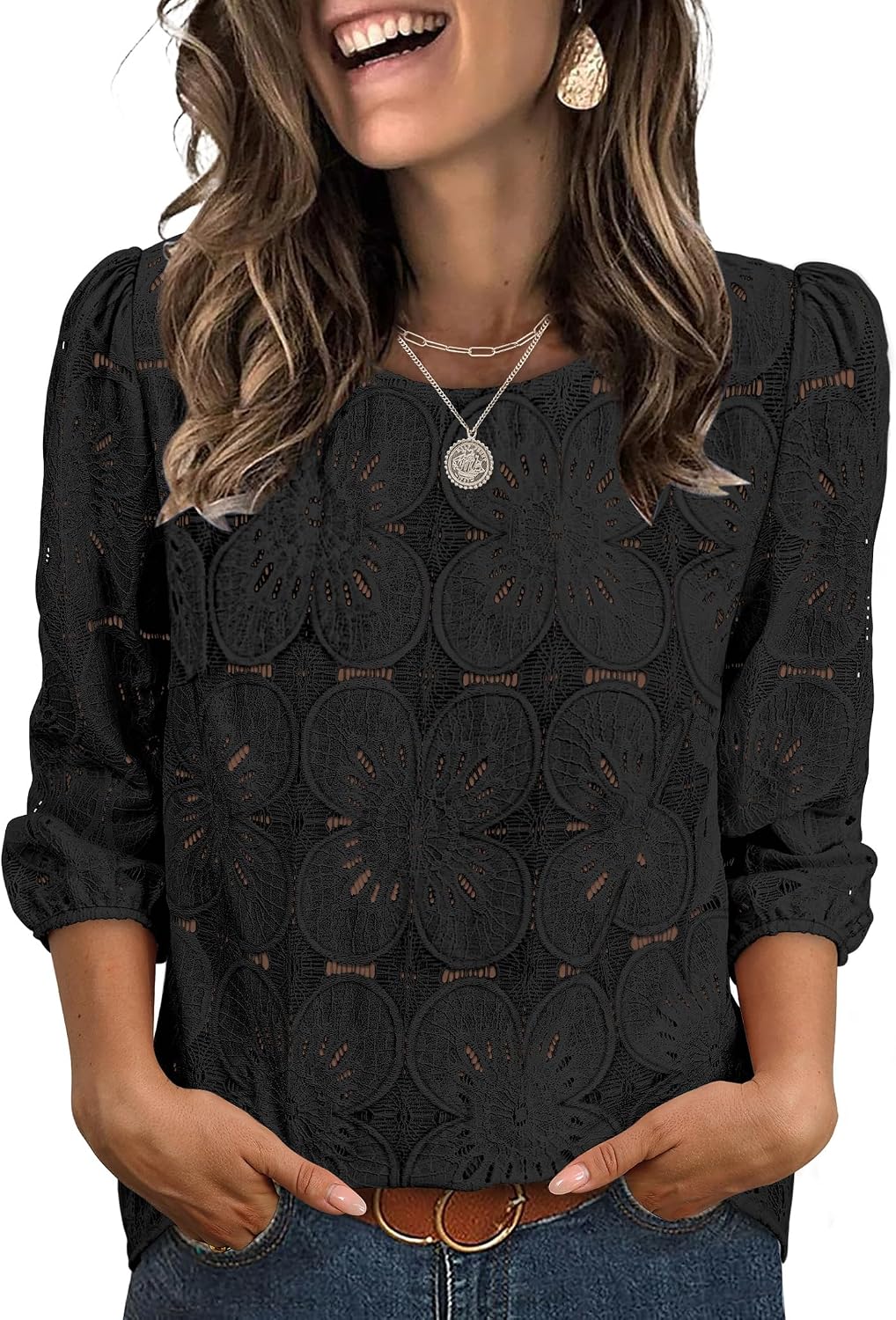 Adeline Women's Eyelet Lace Blouse with 3/4 Puff Sleeves & Embroidered Detail