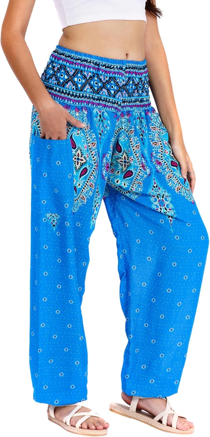 Soraya Bohemian Printed Harem Pants with Smocked High Waist and Side Pocket for Everyday Comfort