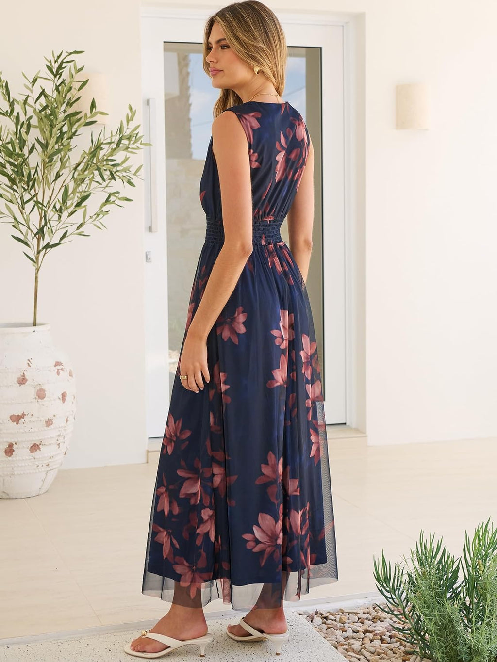 Rosalind Women's Floral Tulle Maxi Dress with V-Neck, Sleeveless A-Line Silhouette & Elastic Waist