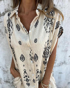 Kyla Printed Linen Shirt Dress – Button-Up Short Sleeve Mini Dress with Pockets