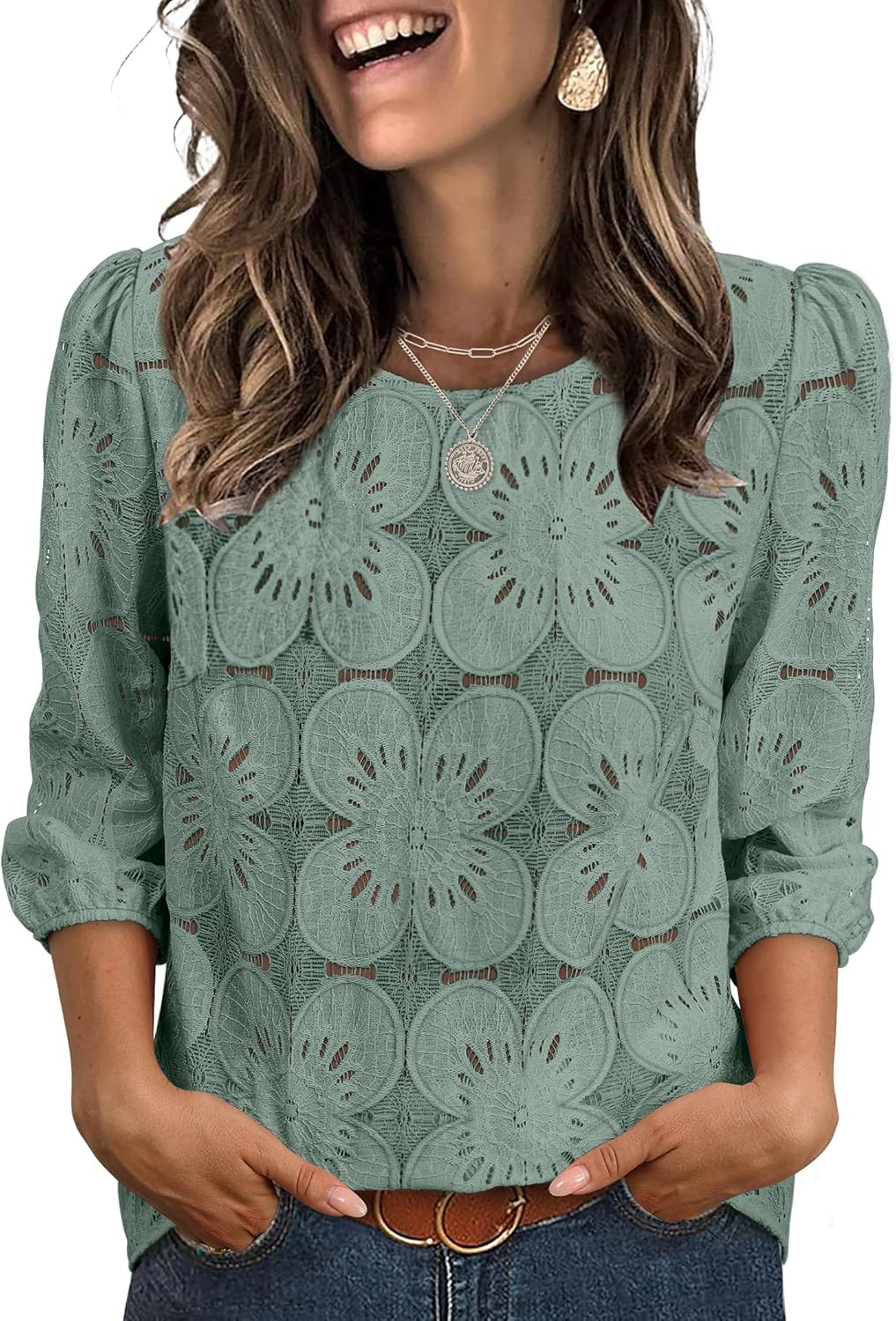 Adeline Women's Eyelet Lace Blouse with 3/4 Puff Sleeves & Embroidered Detail