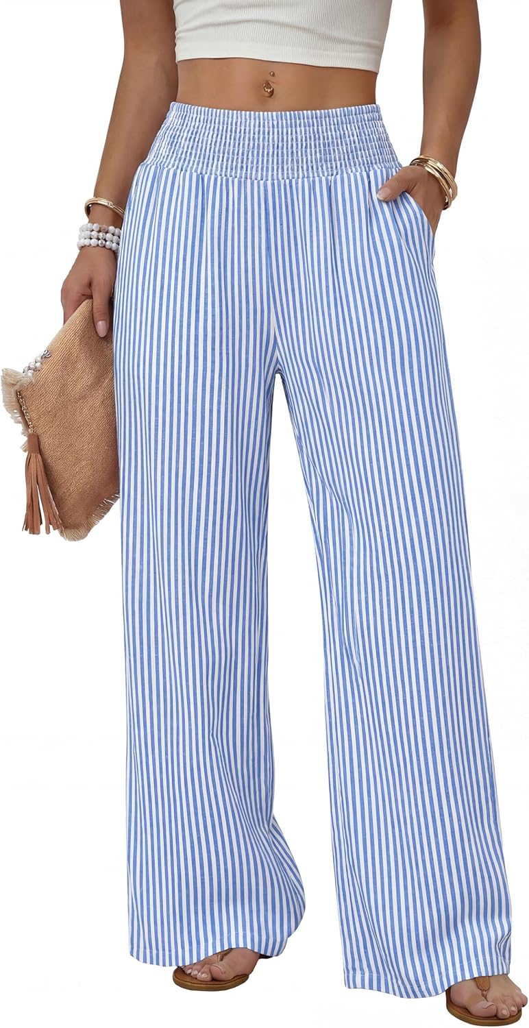 Solenne Women's High-Waisted Wide Leg Lounge Pants with Smocked Waist & Pockets