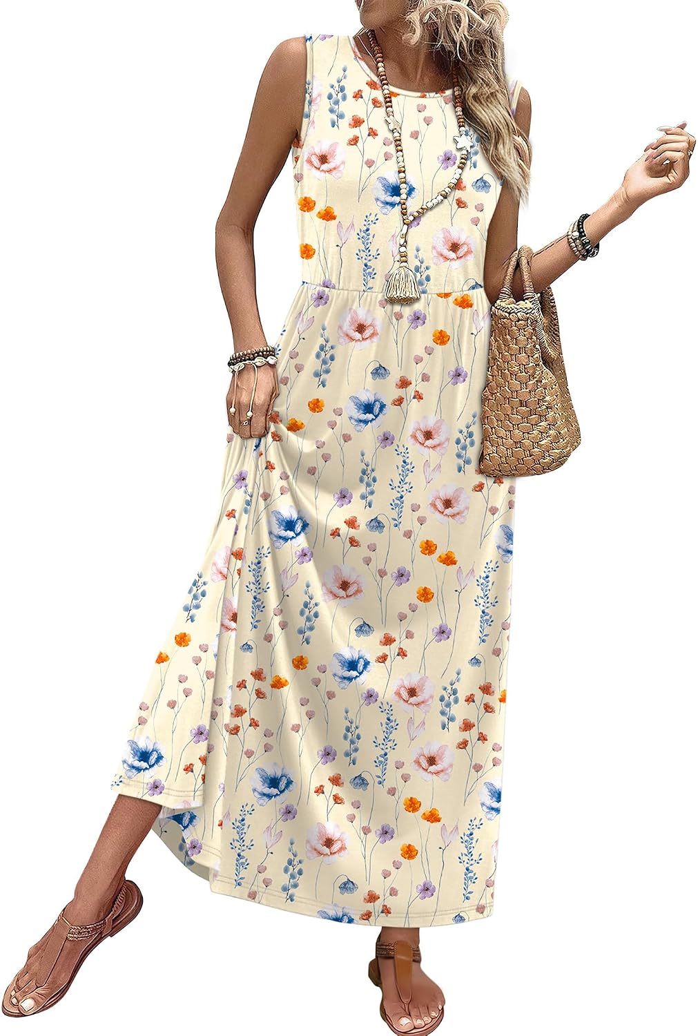 Anwen Floral Sleeveless A-Line Maxi Sundress with Hidden Pockets for Summer Escapes