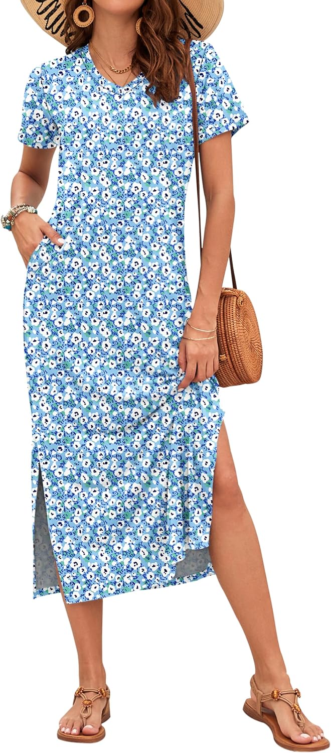 Celestia Women's Printed V-Neck Maxi Dress with Side Slits & Pockets