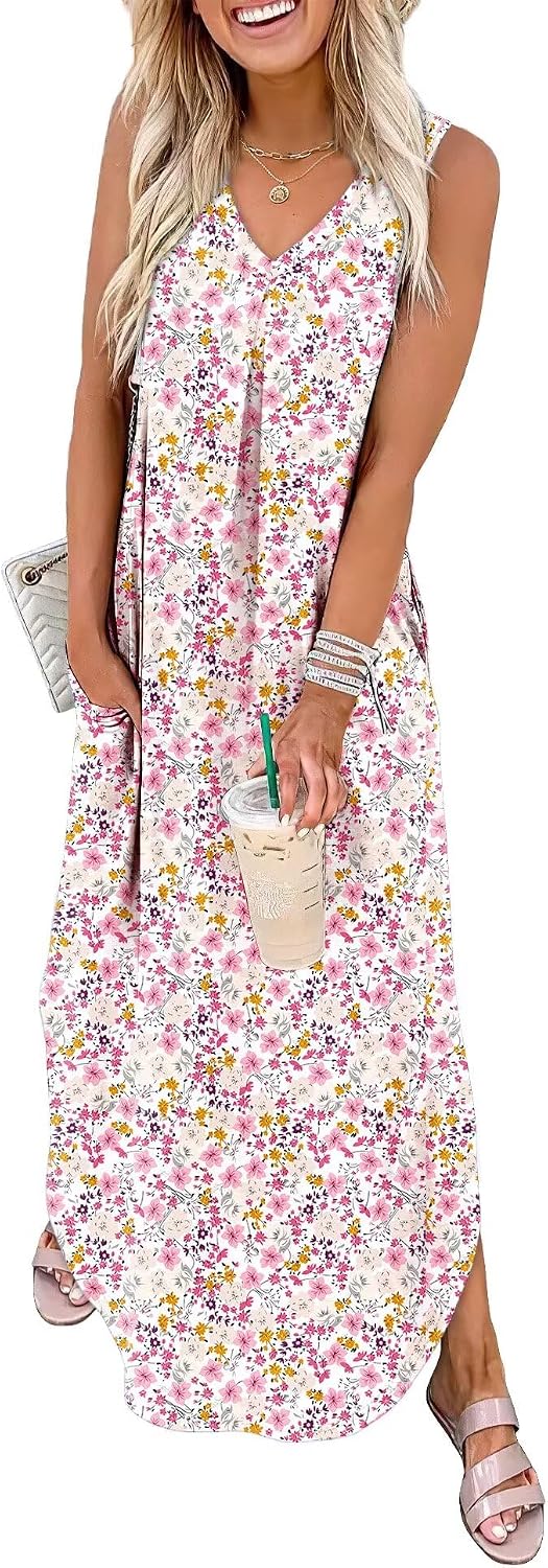 Ariella Women's Tropical Leaf Print Sleeveless Maxi Dress with V-Neck, Side Slit & Pockets