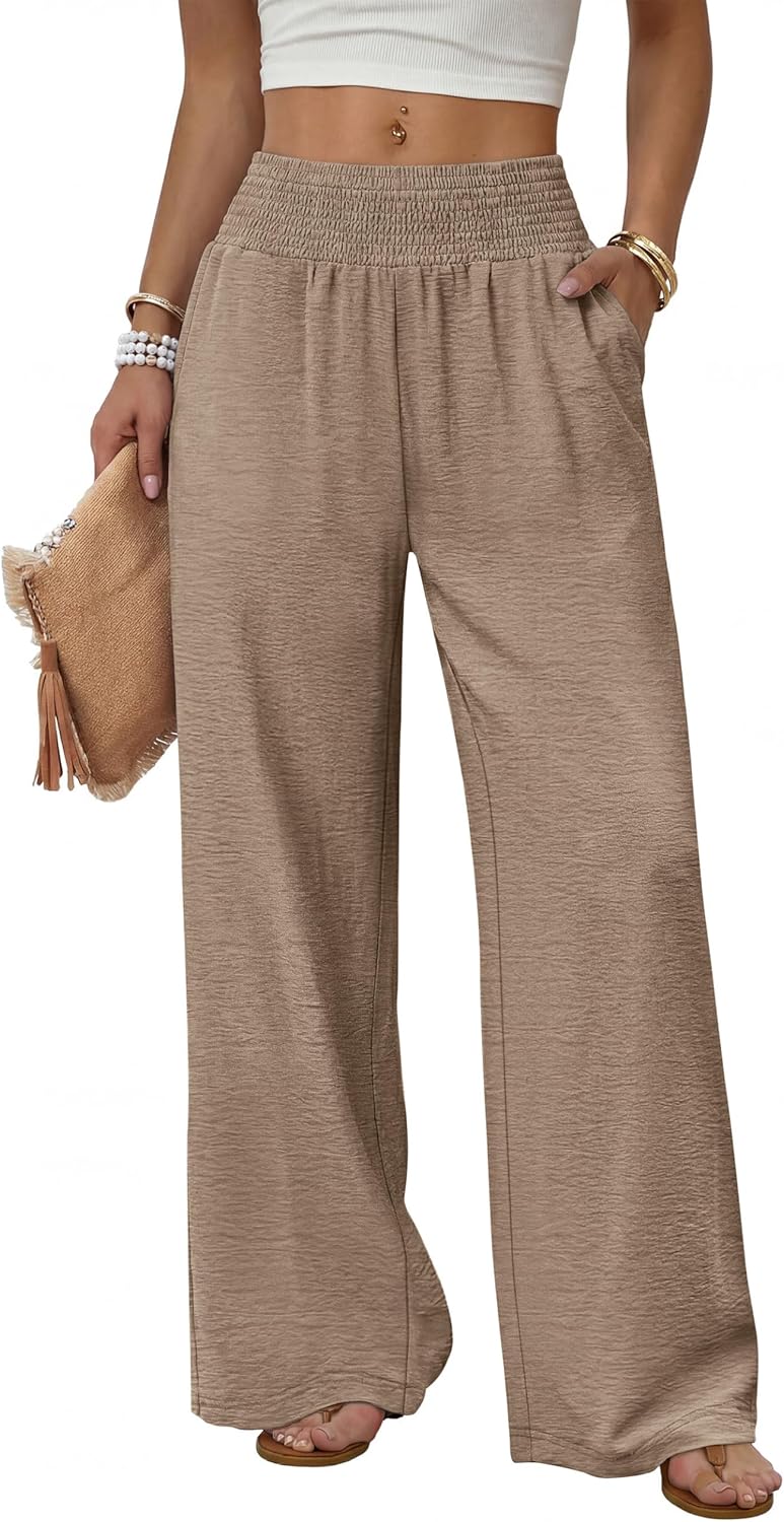 Solenne Women's High-Waisted Wide Leg Lounge Pants with Smocked Waist & Pockets
