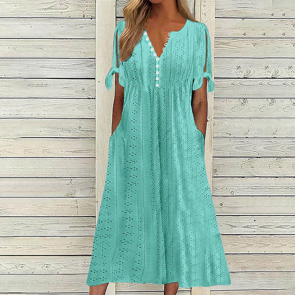 Elowyn Women's Eyelet Midi Dress with V-Neck, Decorative Buttons & Pockets
