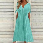 Elowyn Women's Eyelet Midi Dress with V-Neck, Decorative Buttons & Pockets