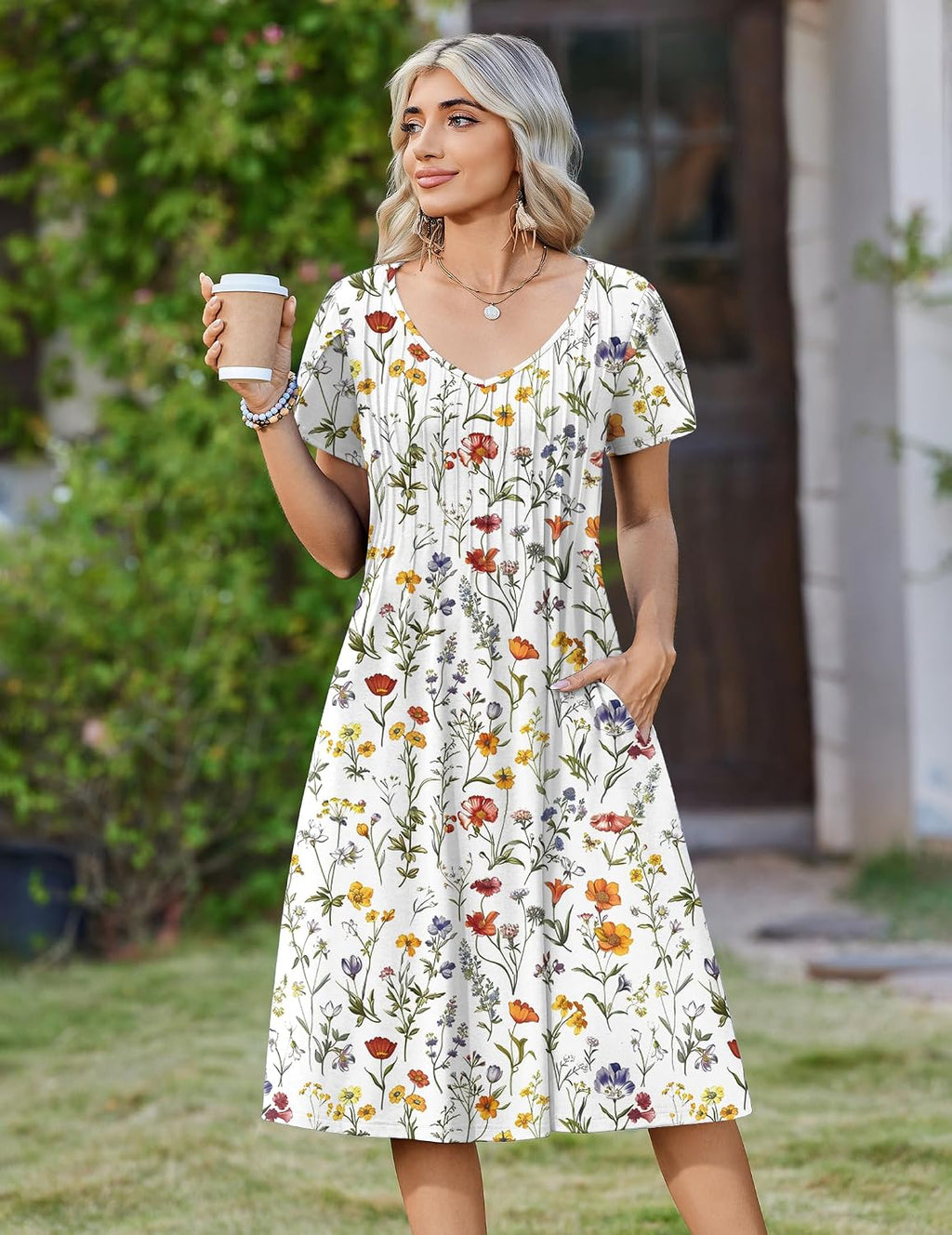 Rosalie Women's Pleated A-Line Midi Dress with V-Neck, Petal Sleeves & Side Pockets