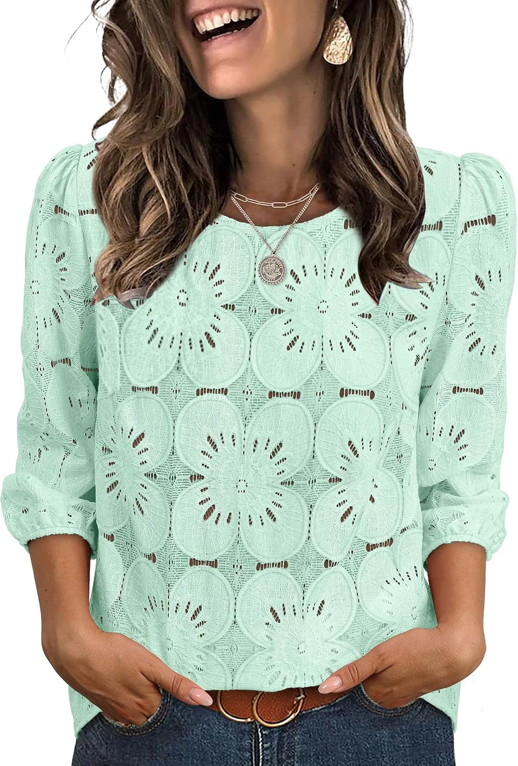 Adeline Women's Eyelet Lace Blouse with 3/4 Puff Sleeves & Embroidered Detail